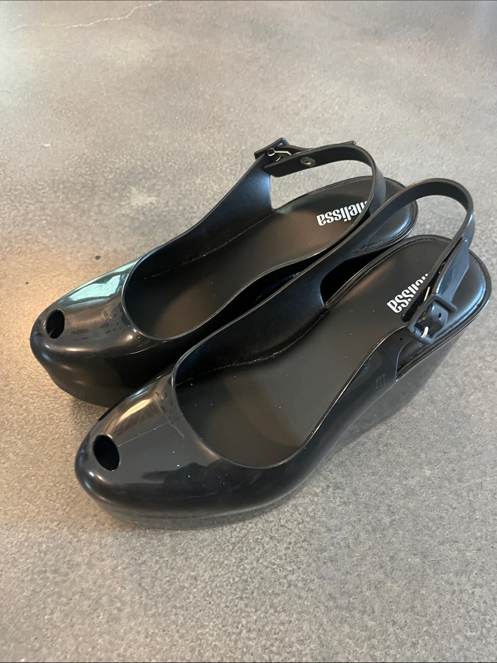Melissa Black Peep-Toe Slingback Wedge Groovy Platform Shoes 4in Size 8